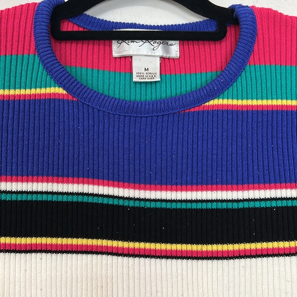 🌞 Kim Rogers colorful striped short sleeve round neck ribbed sweater women M - Picture 3 of 16